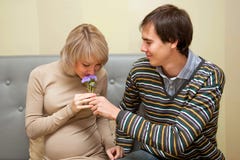 Man giving his pregnant wife bouquet royalty free stock images Man giving his pregnant wife bouquet royalty free stock images