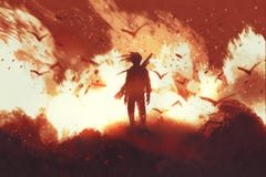 Man with gun standing against fire background