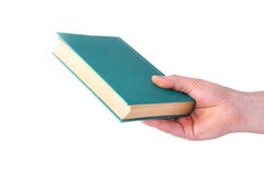 Man hand holding green old book on white background stock image Man hand holding green old book on white background stock image