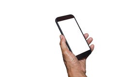 Man hand holding and using mobile,cell phone,smart phone with isolated screen. Royalty Free Stock Photos Man hand holding and using mobile,cell phone,smart phone with isolated screen. Royalty Free Stock Photos