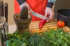 Man Hands Cutting Vegetables On Kitchen Blackboard. Healthy Food. Male Preparing Vegetables Stock Image