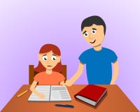 Man help son homework concept background, cartoon style vector illustration Man help son homework concept background, cartoon style vector illustration