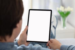 Man holding in his hands computer tablet with screen royalty free stock photography Man holding in his hands computer tablet with screen royalty free stock photography