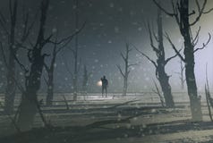 Man holding lantern stands in dark forest with fog