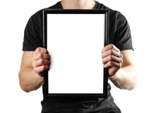 A man holds a black A4 frame. An empty frame with a white background. Close up. Isolated on white background stock photos A man holds a black A4 frame. An empty frame with a white background. Close up. Isolated on white background stock photos
