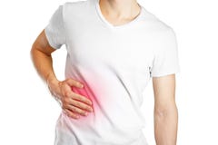 A man holds the liver. Pain in the abdomen. Cirrhosis of the liv Royalty Free Stock Image A man holds the liver. Pain in the abdomen. Cirrhosis of the liv Royalty Free Stock Image