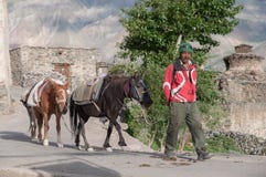 Man with horses, villager in Ladakh India mountain region