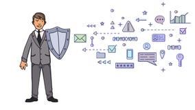 Man i affärsdräkten som skyddar sig med en sköld från digitala och nätverkssymboler Personligt dataskydd GDPR royaltyfri illustrationer Man i affärsdräkten som skyddar sig med en sköld från digitala och nätverkssymboler Personligt dataskydd GDPR royaltyfri illustrationer