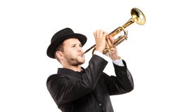 Man In A Suit With A Hat Playing A Trumpet Royalty Free Stock Photo Man In A Suit With A Hat Playing A Trumpet Royalty Free Stock Photo