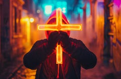 Man obscured by neon cross