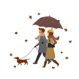 Man och kvinna som går med hunden, plats för illustration för nedgånghöstvektor vektor illustrationer Man och kvinna som går med hunden, plats för illustration för nedgånghöstvektor vektor illustrationer