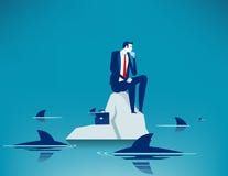 Man On Sea Surrounded By Sharks. Concept Business Anxiety Vector Illustration, Trapped Stock Images