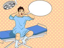 The man on the operating table. Medical theme, imitation of the comic style. Pop art raster illustration. Text bubble. stock illustration The man on the operating table. Medical theme, imitation of the comic style. Pop art raster illustration. Text bubble. stock illustration