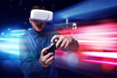 Man playing video games wearing vr goggles
