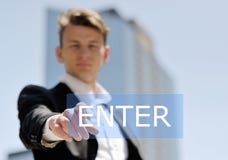 Man pushing virtual enter button - technology, internet and networking concept Royalty Free Stock Photo Man pushing virtual enter button - technology, internet and networking concept Royalty Free Stock Photo
