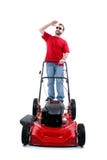Man With Red Lawn Mower Over White
