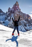 Man Rising Arms Snow Mountain Ski Skier Back