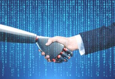 Man and robot handshake, blue royalty free stock images Man and robot handshake, blue royalty free stock images