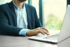 Man S Hands On Notebook Computer, Business Person At Workplace Stock Photos Man S Hands On Notebook Computer, Business Person At Workplace Stock Photos