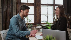 Man sign mortgage contract, put signature on sale purchase rental agreement, handshaking realtor at meeting with estate stock footage Man sign mortgage contract, put signature on sale purchase rental agreement, handshaking realtor at meeting with estate stock footage