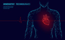 Man silhouette healthy heart beats 3d medicine model low poly. Triangle connected dots glow point red background. Pulse vector illustration Man silhouette healthy heart beats 3d medicine model low poly. Triangle connected dots glow point red background. Pulse vector illustration
