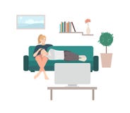 Man sleeping on lap of woman sitting on cozy sofa and watching TV or television set. Cute young couple relaxing at home stock illustration Man sleeping on lap of woman sitting on cozy sofa and watching TV or television set. Cute young couple relaxing at home stock illustration