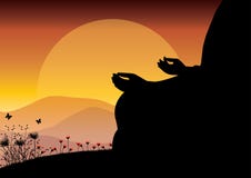 Man som mediterar i sammanträdeyogaposition på överkanten av ovannämnda moln för berg på solnedgången Zen meditation, fred, vekto stock illustrationer Man som mediterar i sammanträdeyogaposition på överkanten av ovannämnda moln för berg på solnedgången Zen meditation, fred, vekto stock illustrationer
