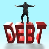 Man balancing on 3D red DEBT word falling. Stock Photos Man balancing on 3D red DEBT word falling. Stock Photos