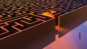 Man in suit standing in front of a rectangular maze entrance. Aerial. Abstract and conceptual stock illustration Man in suit standing in front of a rectangular maze entrance. Aerial. Abstract and conceptual stock illustration