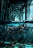 Man swims with tiger in museum portrait beauty portrait photoshoot