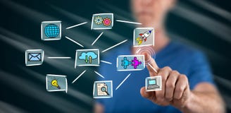 Man touching a cloud computing concept stock images Man touching a cloud computing concept stock images