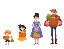Man, woman, boy, girl holding baskets of fruits and vegetable stock illustration Man, woman, boy, girl holding baskets of fruits and vegetable stock illustration