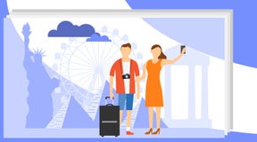 Man and woman Travel Take Photo against the backdrop of the world`s landmarks. Group of Traveler People stock illustration Man and woman Travel Take Photo against the backdrop of the world`s landmarks. Group of Traveler People stock illustration