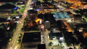 Manchester At Night, Aerial View, Downtown, New Hampshire, City Lights Stock Photo