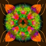MANDALA BLOEM EN BLADEREN, MET STERREN, LICHTGROENE, ORANJE, PURPERE, WEVENDE LIJNEN royalty-vrije illustratie MANDALA BLOEM EN BLADEREN, MET STERREN, LICHTGROENE, ORANJE, PURPERE, WEVENDE LIJNEN royalty-vrije illustratie