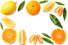 Mandarin med skivor, citronen och gräsplanbladet som isoleras på bästa sikt för vit bakgrund arkivfoton Mandarin med skivor, citronen och gräsplanbladet som isoleras på bästa sikt för vit bakgrund arkivfoton