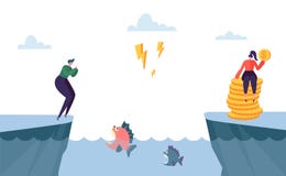 Manera complicada peligrosa al beneficio del dinero Salto del carácter de la mujer sobre el mar por completo de pescados enojados ilustración del vector Manera complicada peligrosa al beneficio del dinero Salto del carácter de la mujer sobre el mar por completo de pescados enojados ilustración del vector