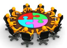 Manikins Meeting Circle Puzzle. Orange cartoon character on the the table with circle puzzle vector illustration Manikins Meeting Circle Puzzle. Orange cartoon character on the the table with circle puzzle vector illustration