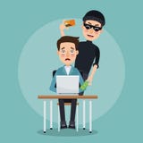 Mannen för platsfärgprogrammerare i skrivbord med bärbara datorn och tjuven man en hacker som stjäler datakreditkorten royaltyfri illustrationer Mannen för platsfärgprogrammerare i skrivbord med bärbara datorn och tjuven man en hacker som stjäler datakreditkorten royaltyfri illustrationer