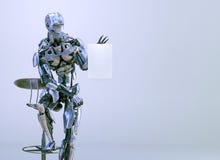 Mannetje die van robot het androïde cyborg, die op stoel zitten en leeg document modelblad houden 3D Illustratie stock illustratie Mannetje die van robot het androïde cyborg, die op stoel zitten en leeg document modelblad houden 3D Illustratie stock illustratie