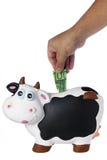 Mano delle banconote del porcellino salvadanaio 100 della mucca euro isolata Immagine Stock Mano delle banconote del porcellino salvadanaio 100 della mucca euro isolata Immagine Stock