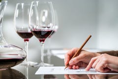 Mano femenina que toma notas en la degustación de vinos roja fotos de archivo Mano femenina que toma notas en la degustación de vinos roja fotos de archivo
