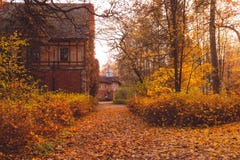 Manor House With Trees In Autumn Colors And Fall Trees. Old Victorian Haunted House With Ghosts. Abandoned House In Autumn Wood Royalty Free Stock Photos Manor House With Trees In Autumn Colors And Fall Trees. Old Victorian Haunted House With Ghosts. Abandoned House In Autumn Wood Royalty Free Stock Photos