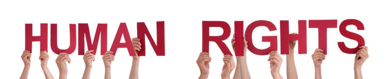 Manos de la gente que llevan a cabo derechos humanos de la palabra roja fotografía de archivo libre de regalías Manos de la gente que llevan a cabo derechos humanos de la palabra roja fotografía de archivo libre de regalías