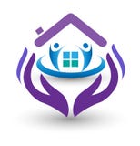 Manos del cuidado de la familia y logotipo casero stock de ilustración Manos del cuidado de la familia y logotipo casero stock de ilustración