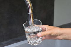 Manos femeninas que vierten el agua en la taza de cristal imagenes de archivo Manos femeninas que vierten el agua en la taza de cristal imagenes de archivo
