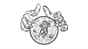 Manos gigantes que sostienen una esfera con las estrellas, los planetas y el astronauta en el fondo blanco animaci?n abstracci?n ilustración del vector Manos gigantes que sostienen una esfera con las estrellas, los planetas y el astronauta en el fondo blanco animaci?n abstracci?n ilustración del vector
