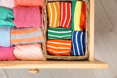 Many Different Colorful Socks In Open Drawer Stock Image