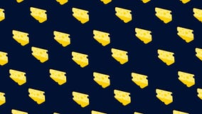 Many pieces of cheese moving on blue background, seamless loop. Animation. Yellow cartoon slices of cheese in horizontal