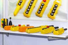 Many type of electric remote control lift or crane for control direction up and down and movement  in industrial work stock image
